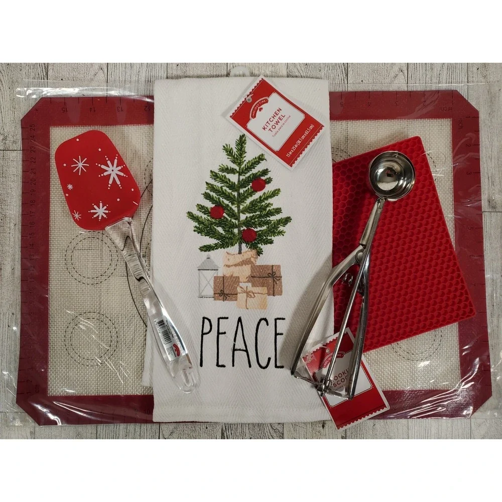 Kitchen Gift Set Silicone Mat Spatula Peace Towel Trivet Cookie Scoop Christmas